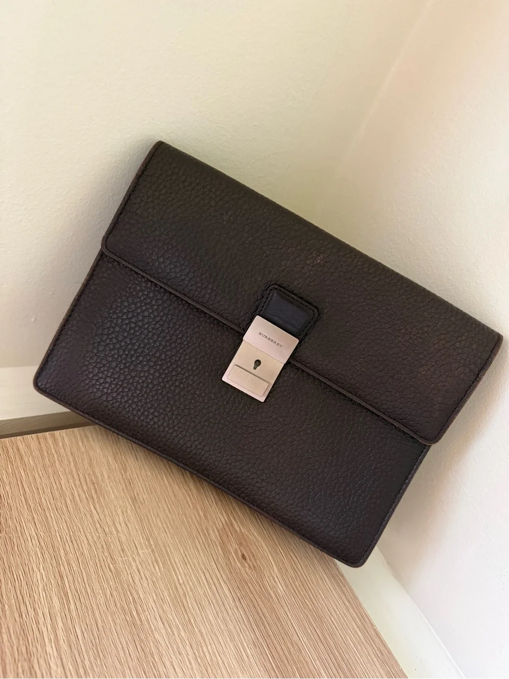 Vintage Burberry Dark Brown Pebbled Leather Wristlet/Clutch with Lock & Key